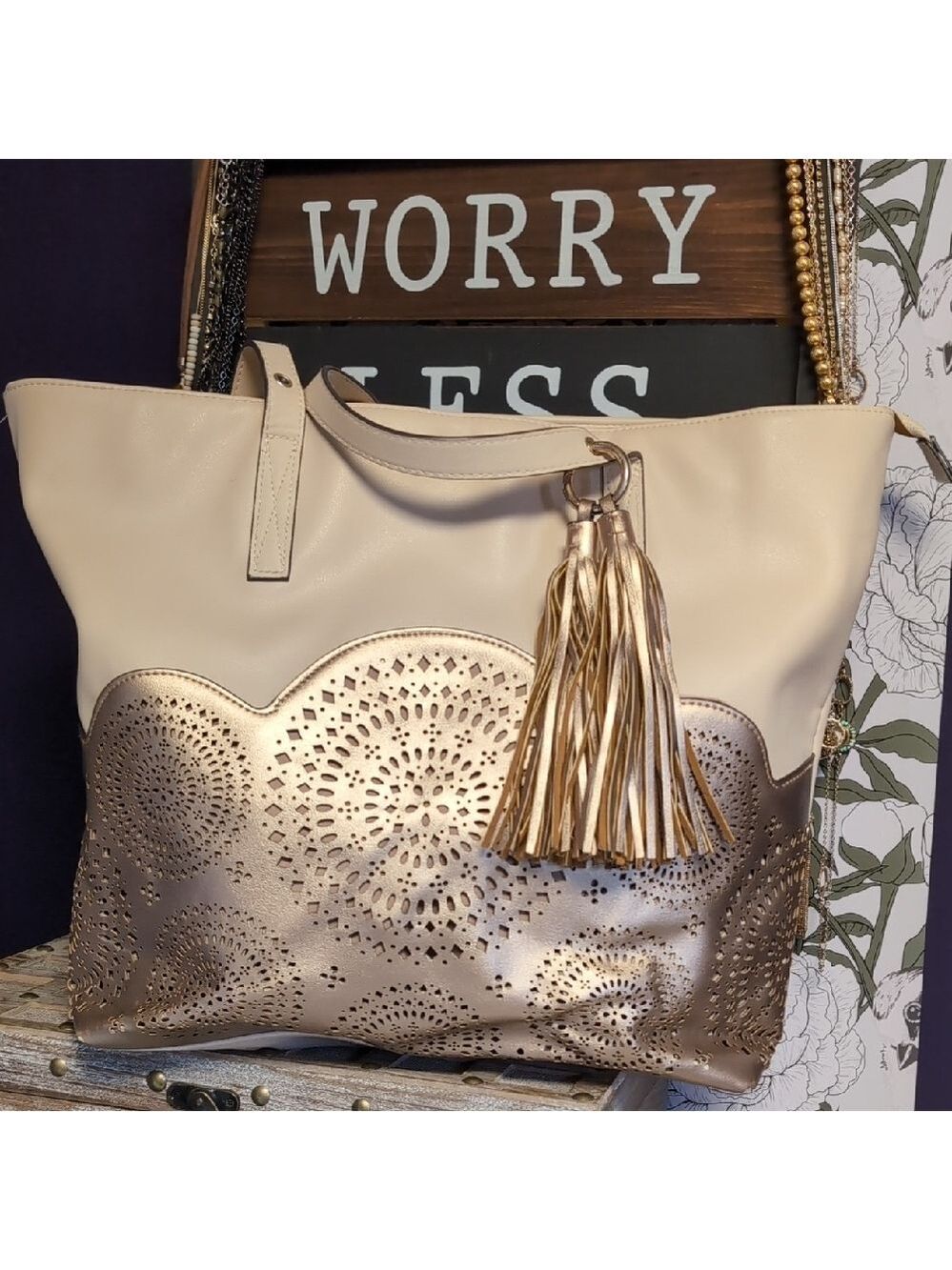 Classic Beige Tote with Rose Gold Metallic Accents